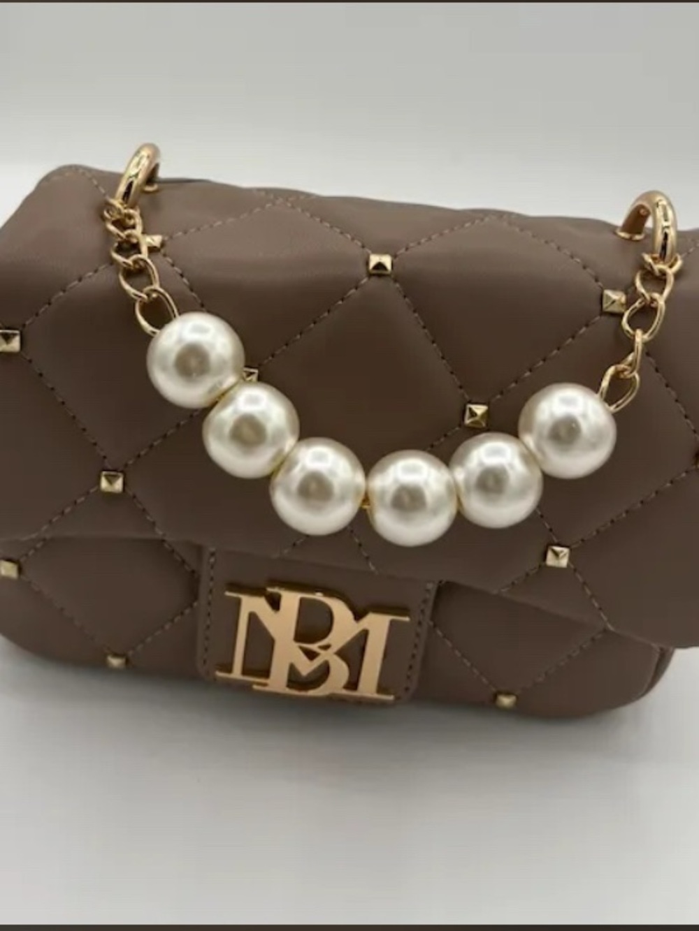Badgley Mischka studded crossbody Taupe Quilted with Pearl handle New and Sealed
